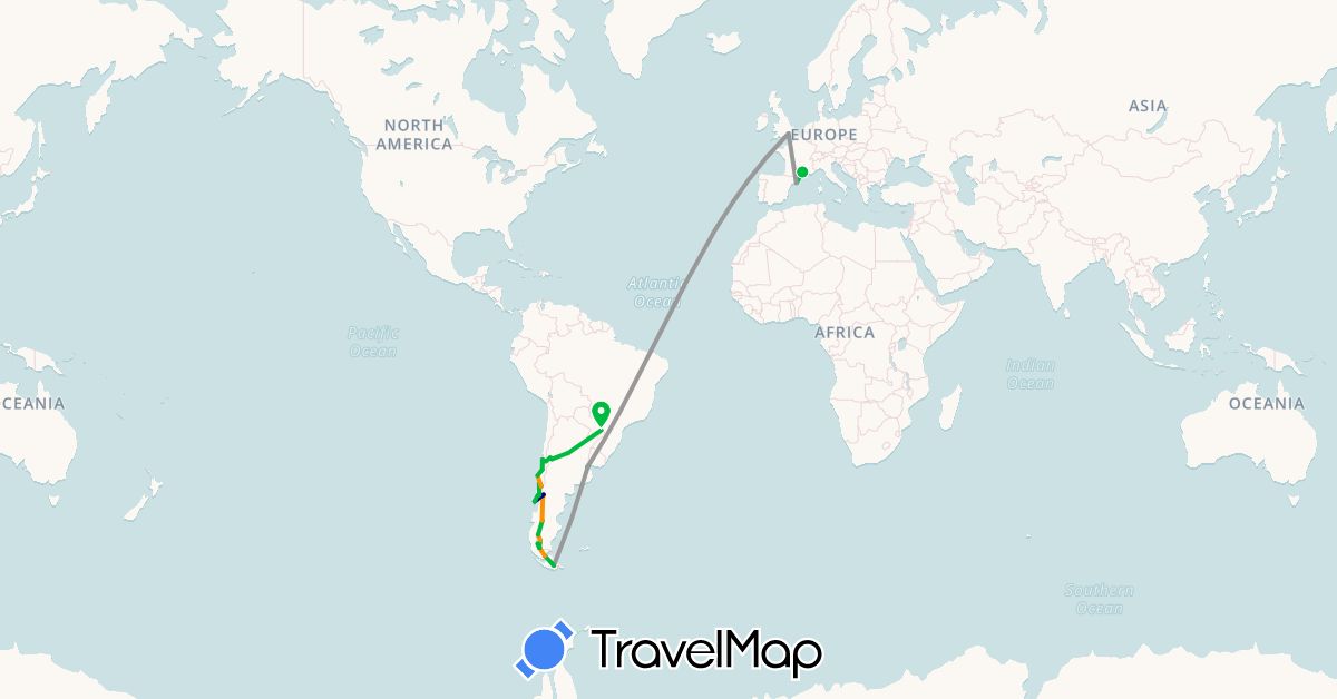 TravelMap itinerary: driving, bus, plane, hiking, hitchhiking in Argentina, Chile, Spain, France, United Kingdom (Europe, South America)